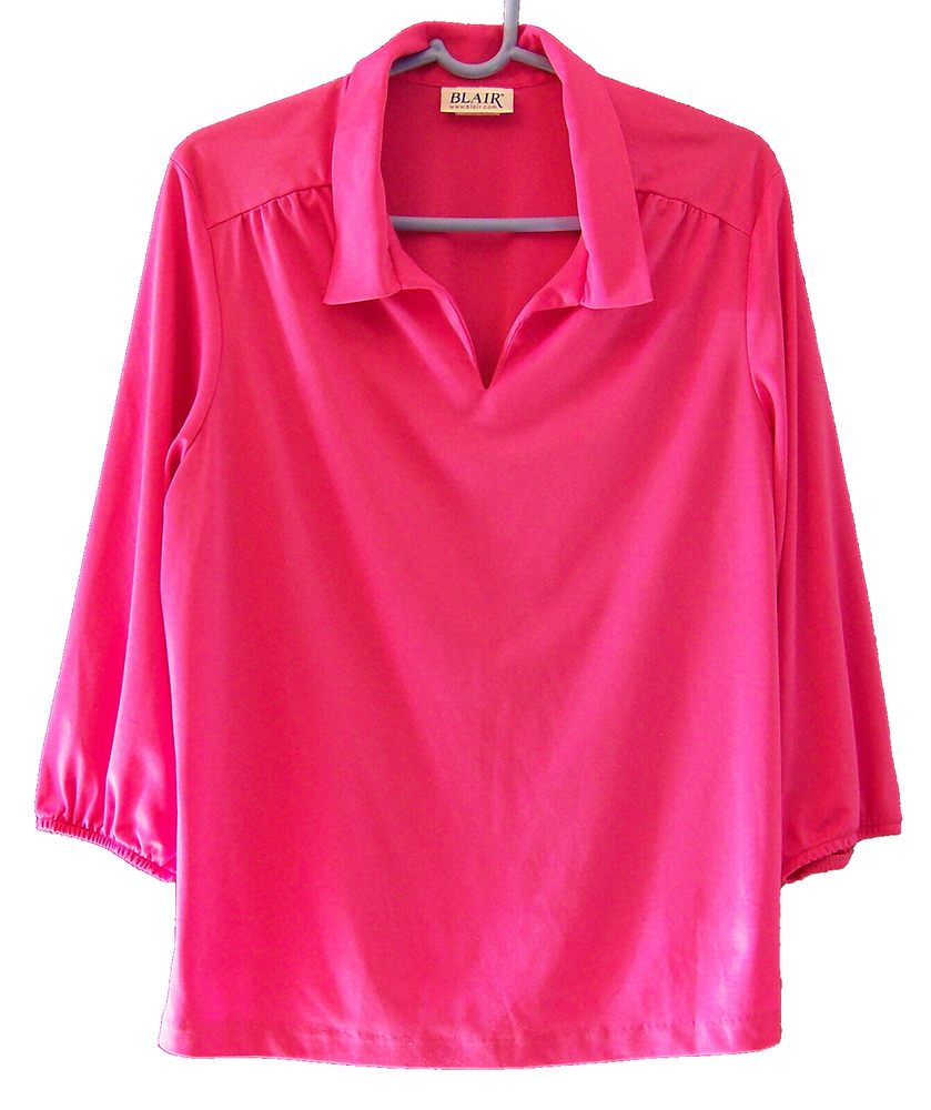 Blair L V-Neck Polo Pullover Top in Magenta Pink Polyester with 3/4 Sleeves