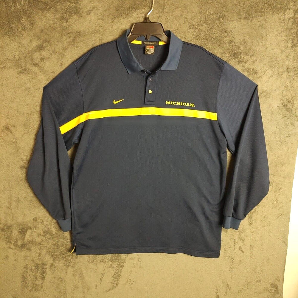 Michigan Wolverines Polo Shirt Large Blue NIKE Embroider Long Sleeve NCAA Mens