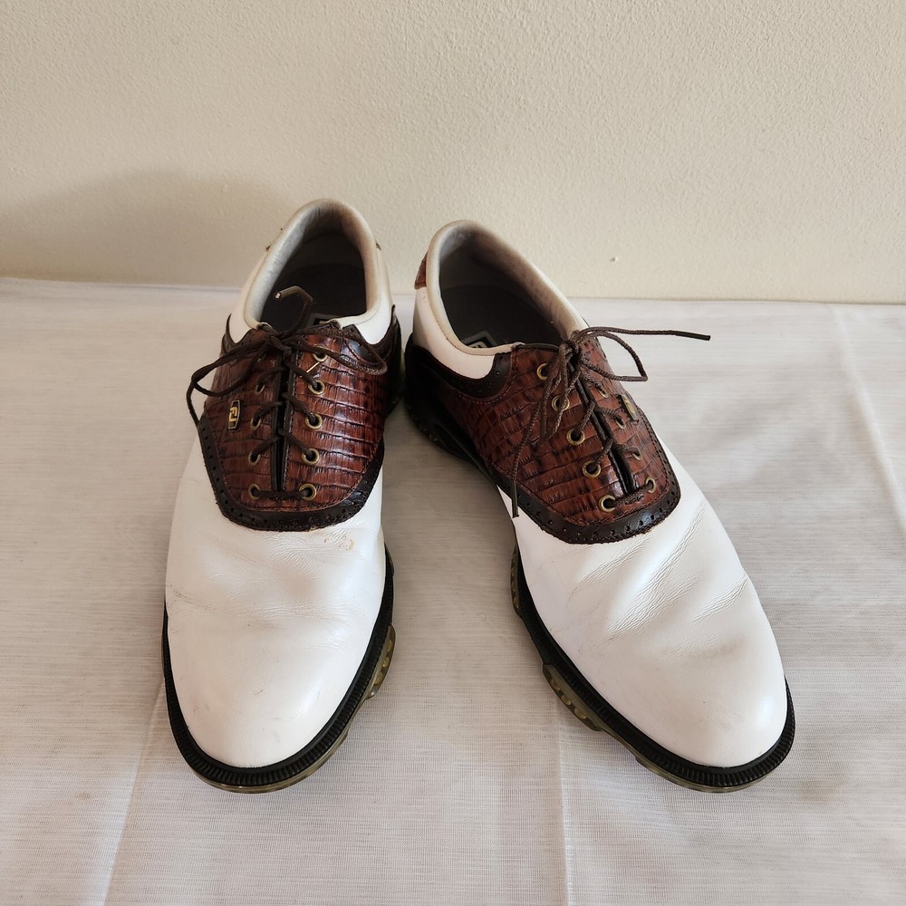Footjoy Dryjoys Tour Golf Shoes Mens 9.5 White Brown Croc Leather Golf 53612