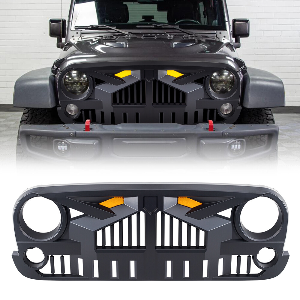 Matte Black Front Empire Grille Grill w/ Amber Lights for 07-18 Jeep Wrangler JK