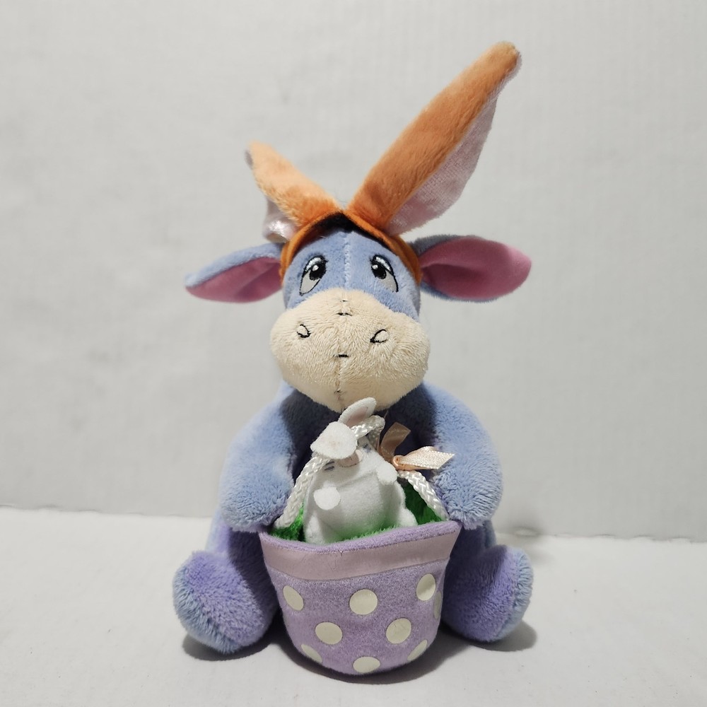 Disney Easter Eeyore Plush W/ Green Checkered Rabbit Ears, Basket & Bunny Animal