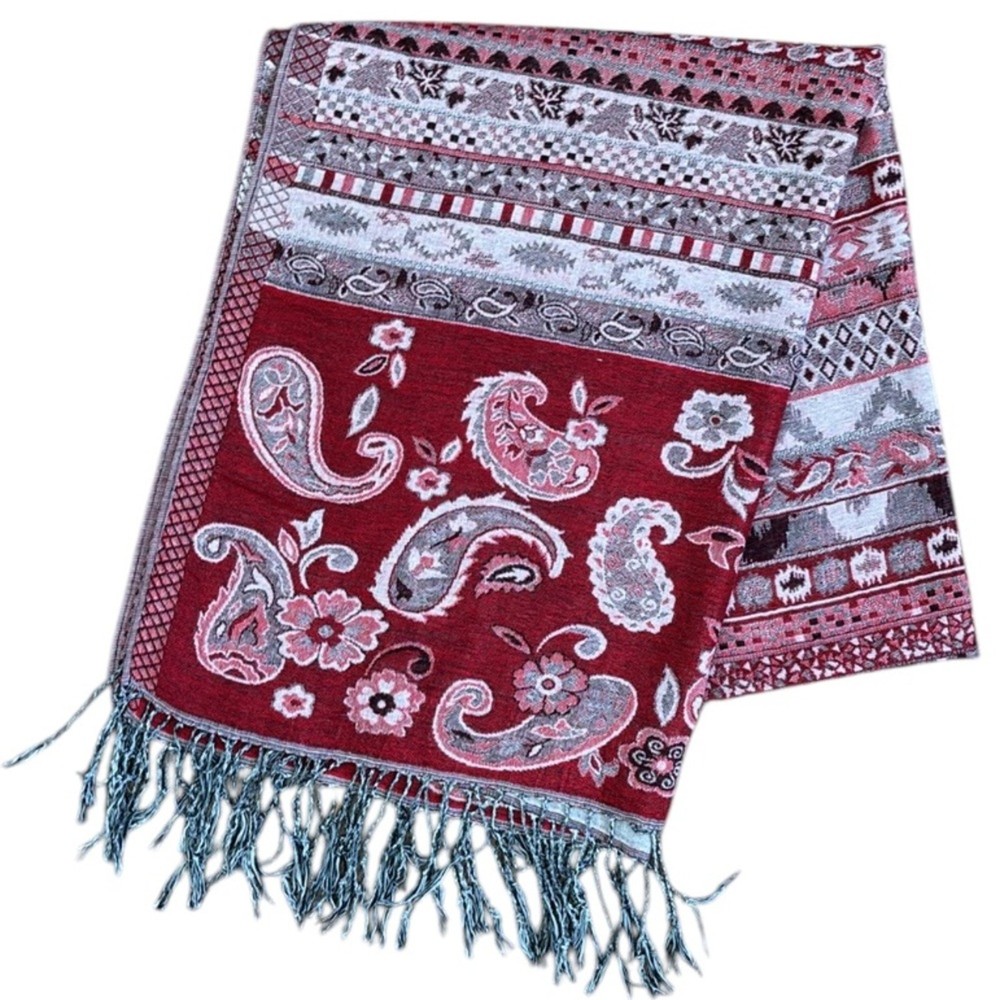 100% Cashmere Paisley Floral Bohemian Scarf with Tassels