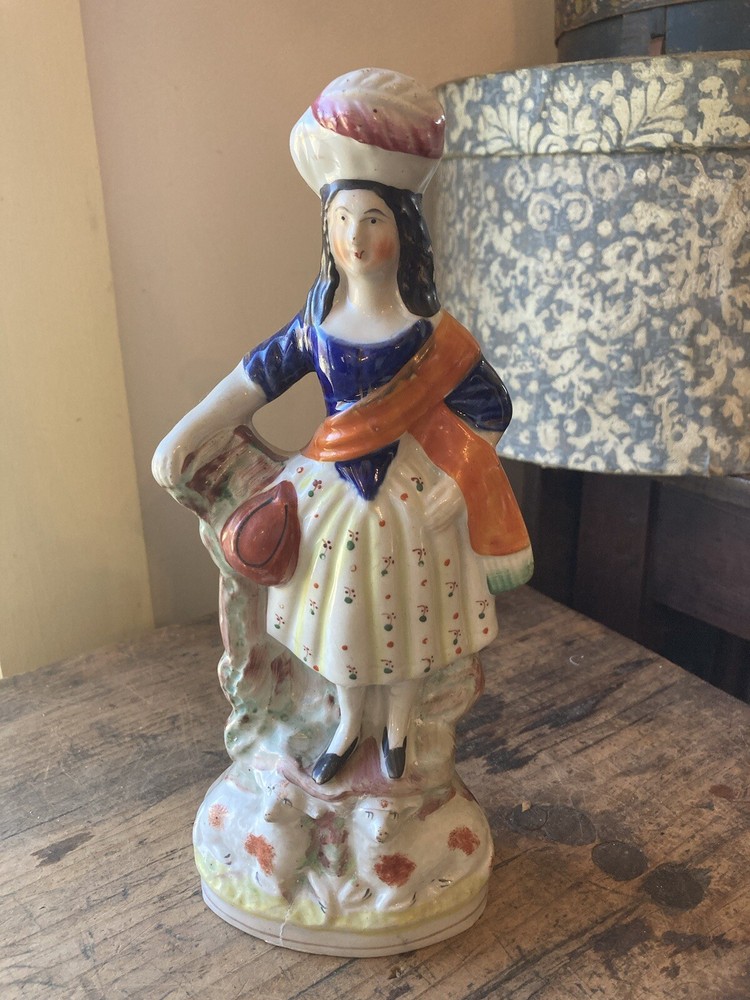 Antique 19th C Victorian Porcelain Staffordshire Figurine Sheep Girl Repaired