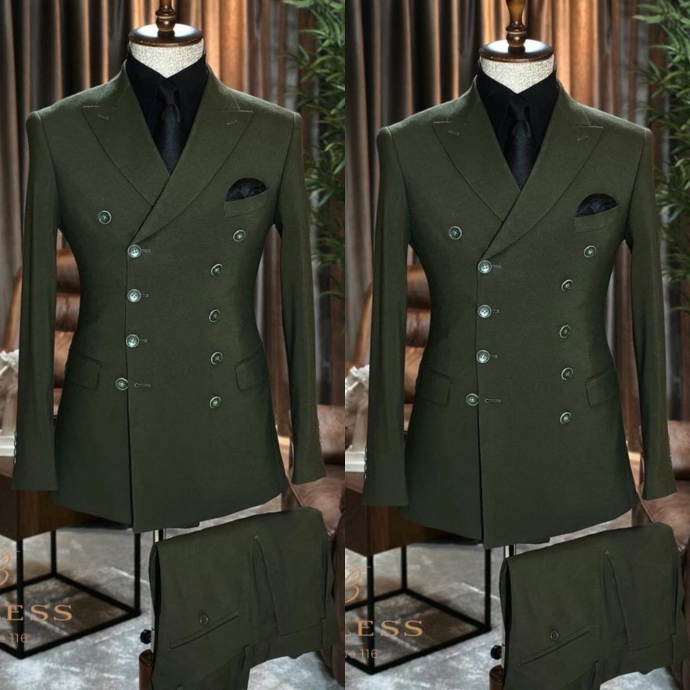 Olive Men's Suit Formal Double Breasted Business Tuxedo Jacket Tailored 2Pcs