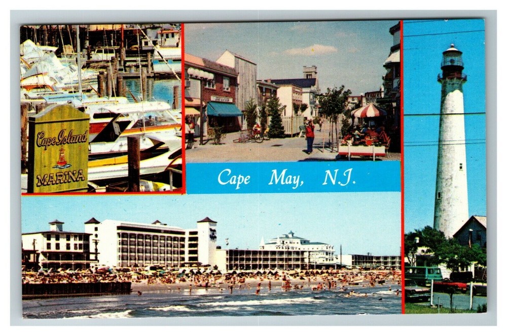 Lighthouse, Marina, Beach Skyline, Shopping Mall, Cape May NJ Vintage Postcard