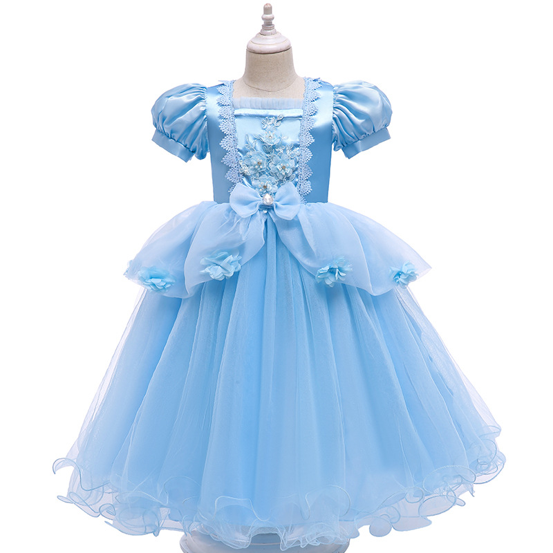 Summer Girls Cute Lace Bows Flowers Bubble Short Sleeves Tutu Princess Dress
