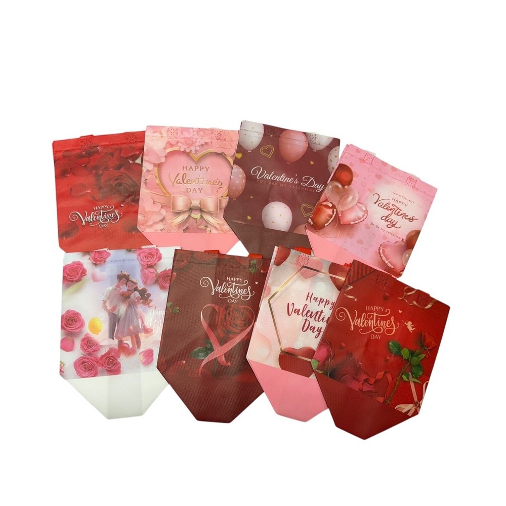 8 Reusable Valentine Gift Bags - Red Rose & Heart Designs-image