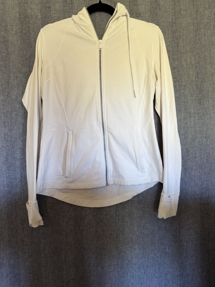 Lululemon White Hooded Define Jacket with Hand Covers Size 12 Women's