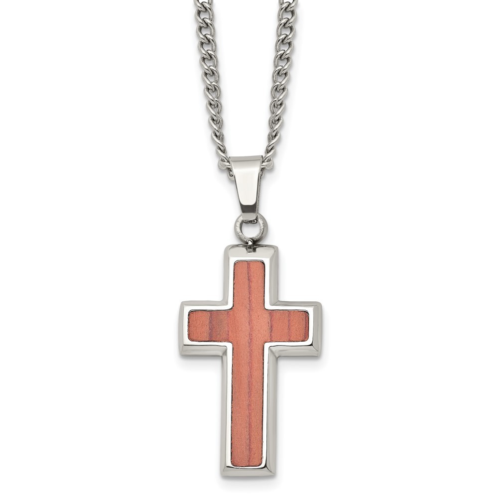 Stainless Steel Wood Inlay Cross Necklace 24 Inch 17.12g