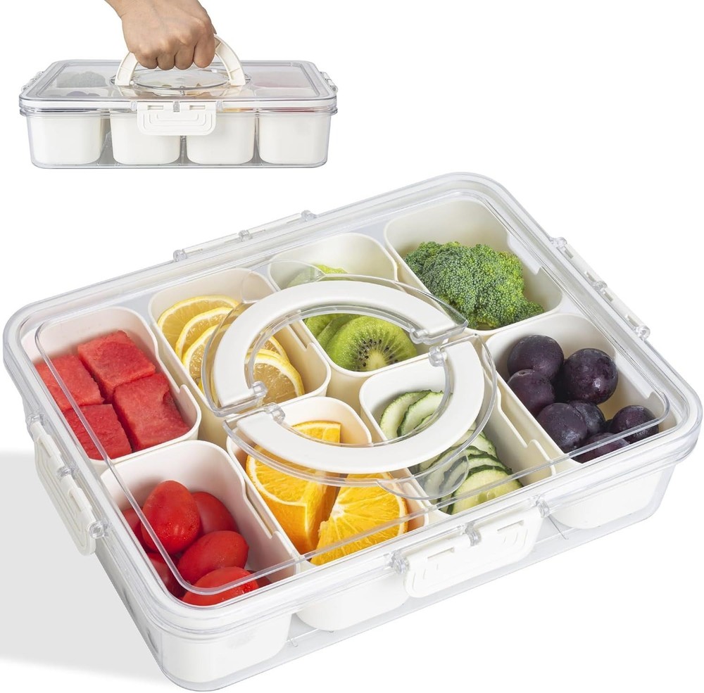 Snack Box 8 Removable Compartments Food Storage Tray Lid Handle Picnic Party