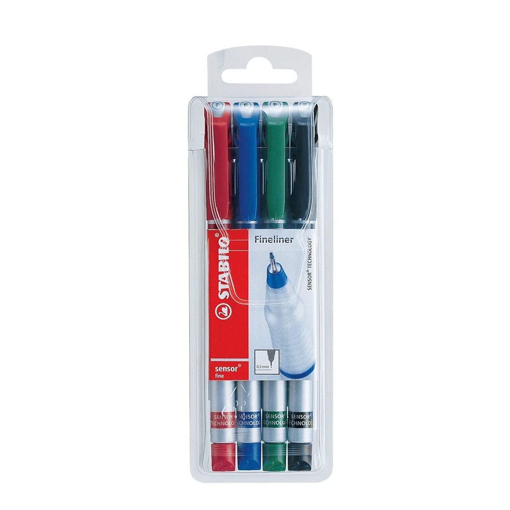 Fineliner with Cushioned F-Tip - STABILO SENSOR fine - Pack of 4 - Green, Red, B