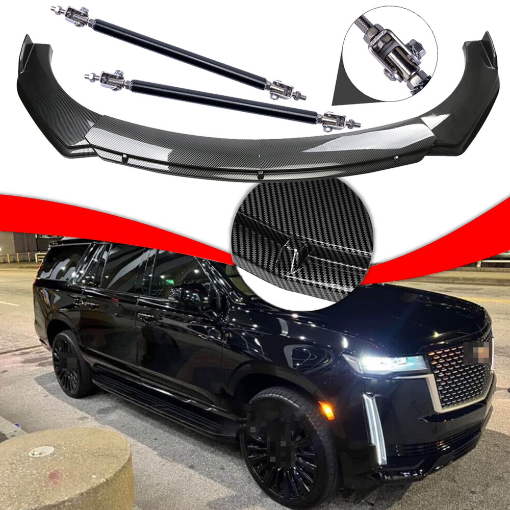 For Cadillac Escalade Carbon Fiber Style Front Bumper Lip Spoiler /Strut /Rods