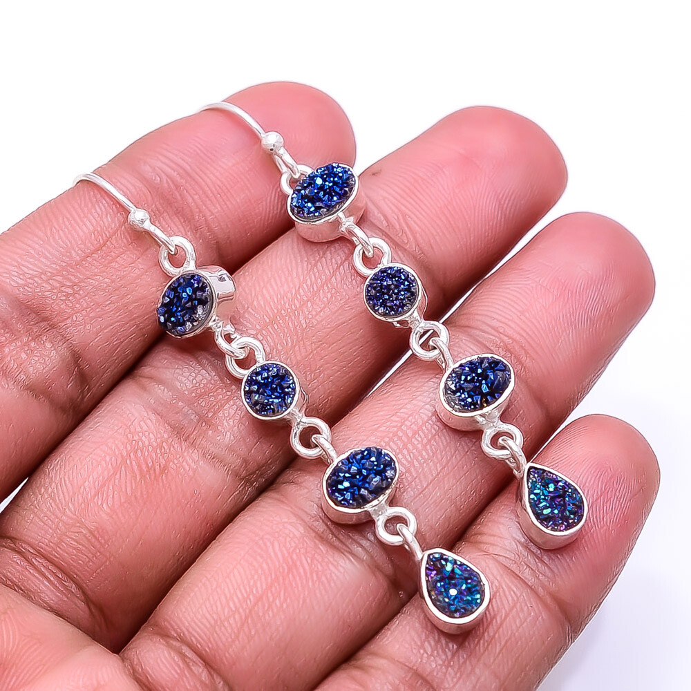 Electric Blue Titanium Agate Drusy 925 Sterling Silver Earring 2.34