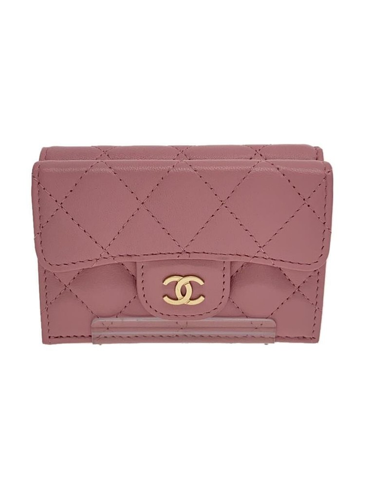 CHANEL Tri-Fold Compact Wallet Matelassé CC Pink Leather F/S Pre-Loved