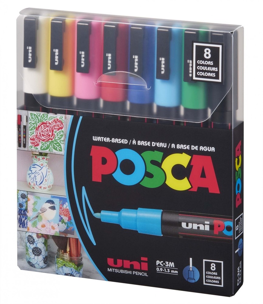 POSCA Water-Based PAINT MARKERS PC-3M Bullet Shaped 0.9-1.3 mm 8 Color Set