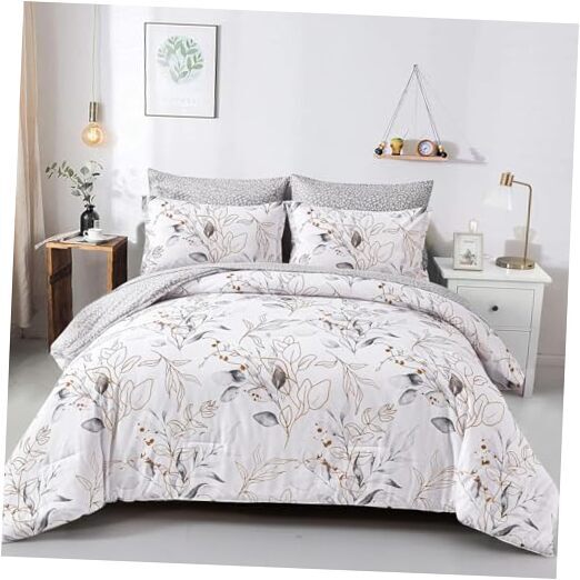 Grey Comforter Set Queen,7 Pieces Reversible Botanical Bed in a Bag Golden