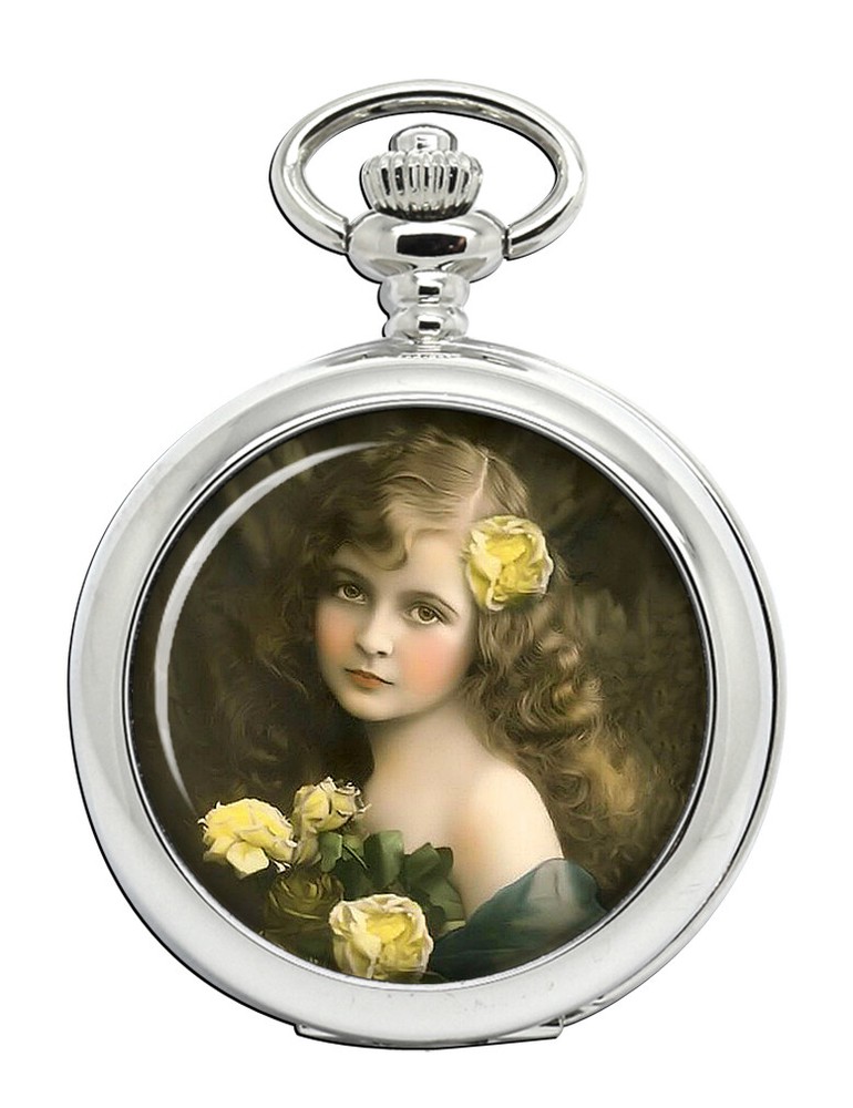 Victorian Girl Yellow Roses Pocket Watch Vintage Design Gift