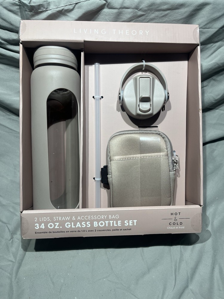 Living Theory 34oz Pink Glass Water Bottle Set with Straw - New Gift