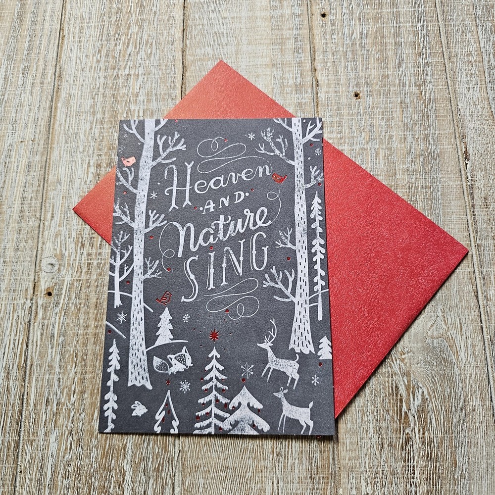 Christmas Greeting Card with Animals Tree Red Glitter Chalk Black White Hallmark Design