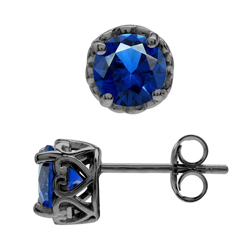 6 MM Created Sapphire Black Rhodium 925 Sterling Silver Victorian Stud Earrings