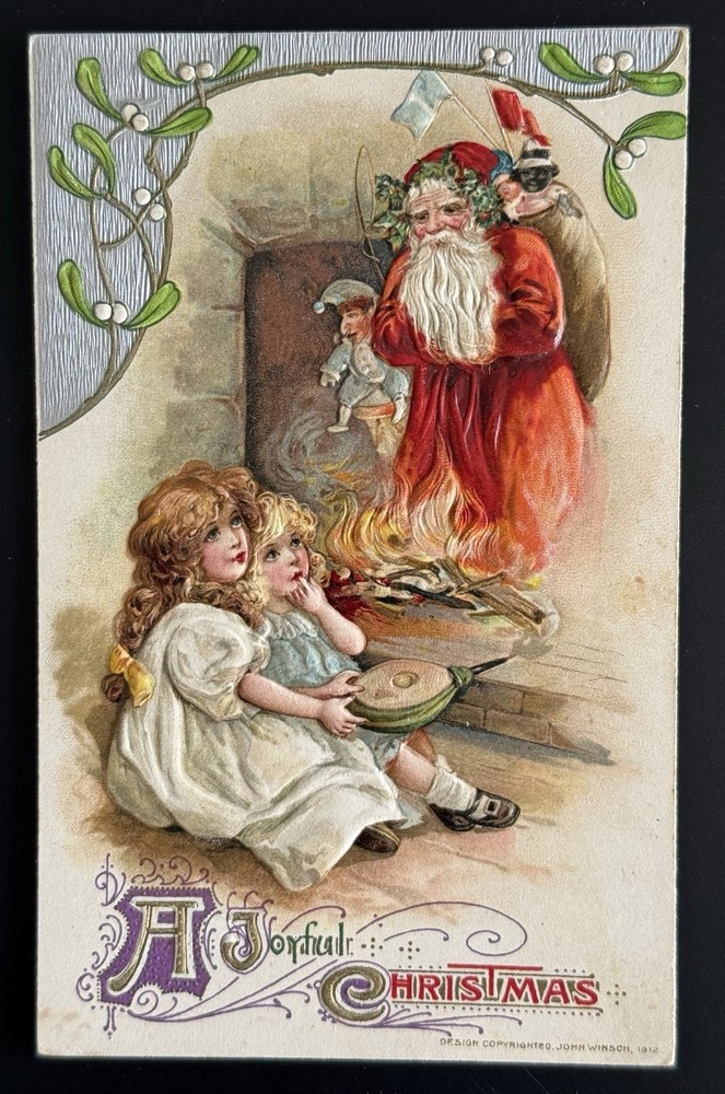 1912 John Winsch Santa Claus by Fireplace Embossed Christmas Postcard