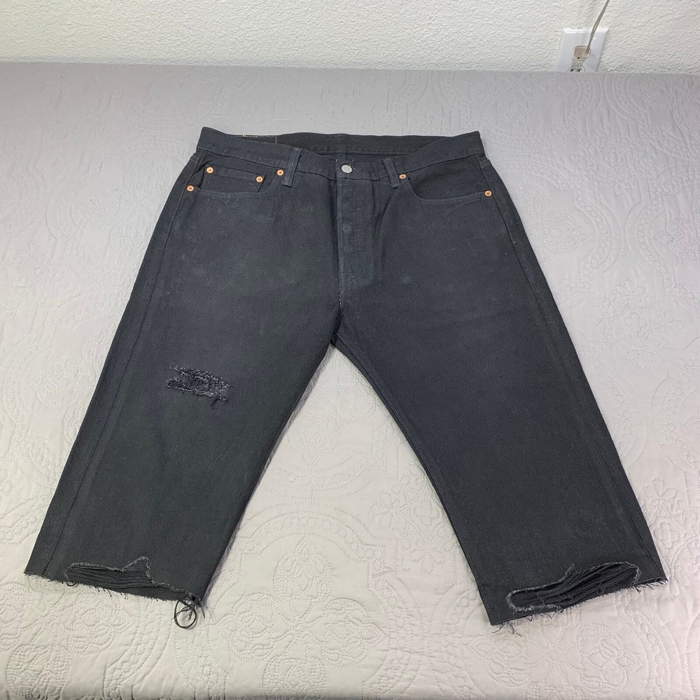 Levis Shorts Denim Black 501 34 x 15 Modern Red Tab Button Fly Thrashed