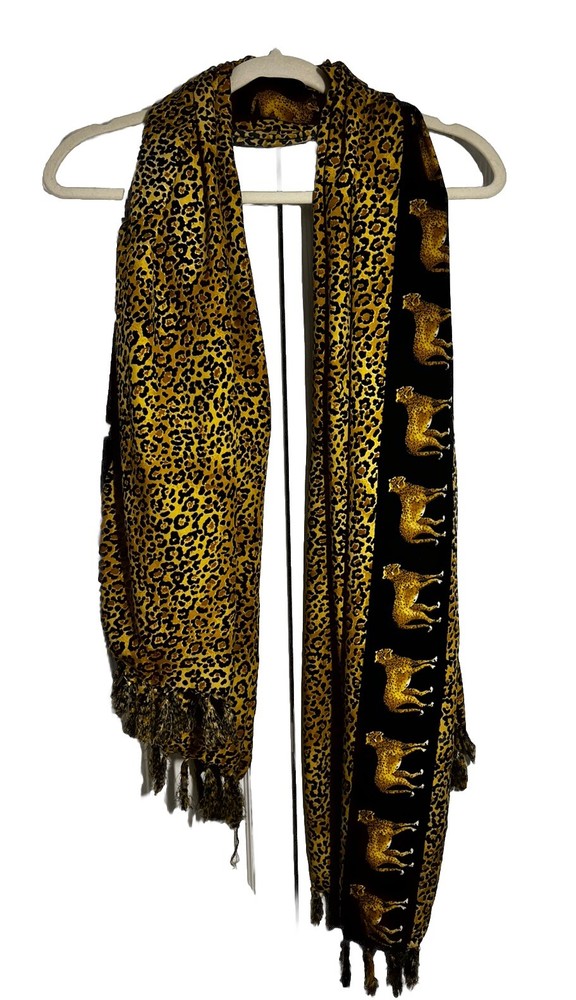 VTG Scarf Wrap Cheetah Leopard Print Jungle Safari Black Gold Beach Cover Fringe