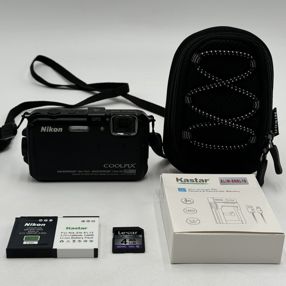 Nikon COOLPIX AW100 Black Waterproof Camera, 4 GB, 2 Batteries, Charger & Case