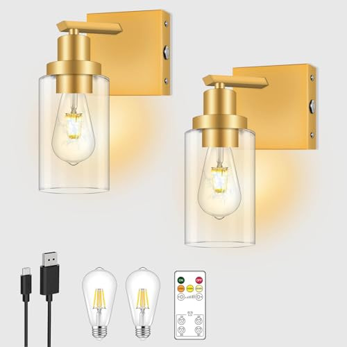 Dimmable Battery Operated Wall Sconce Set of 2, Gold Wireless Rechargeable Wa...