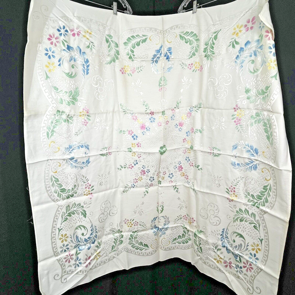 Vintage 48 in Square Ecru Beige Colorful Embroidery Brocade Damask Tablecloth