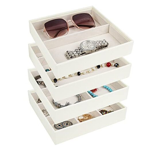 4 Stackable Trays Jewelry Storage Display Case for Drawer or Dresser - IVORY