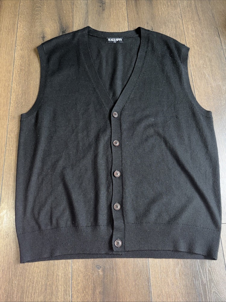 Kallspin Mens  Black V Neck Button Sweater Vest Cashmere Wool Blend Xl