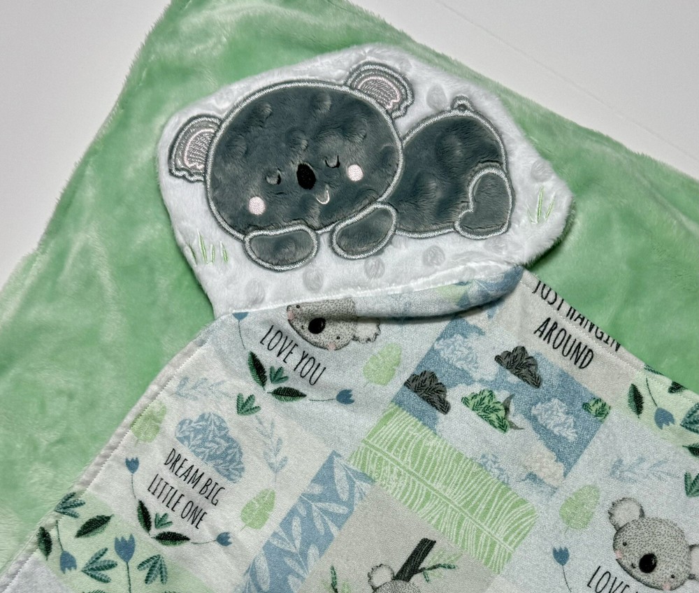 Sleepy Koala  Baby  Lovey Security Blanket Appliquéd Flannel Minky