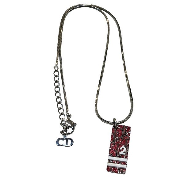 Christian Dior Trotter Plate Necklace Pendant Red Silver White Vintage Accessory