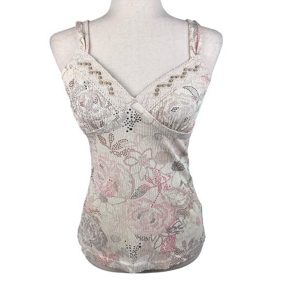 Vintage Y2K Self Esteem Crinkle Crochet Babydoll Tank Camisole Beaded Fairycore