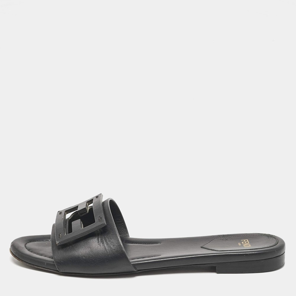 Fendi Black Leather Logo Flat Slides Size 37