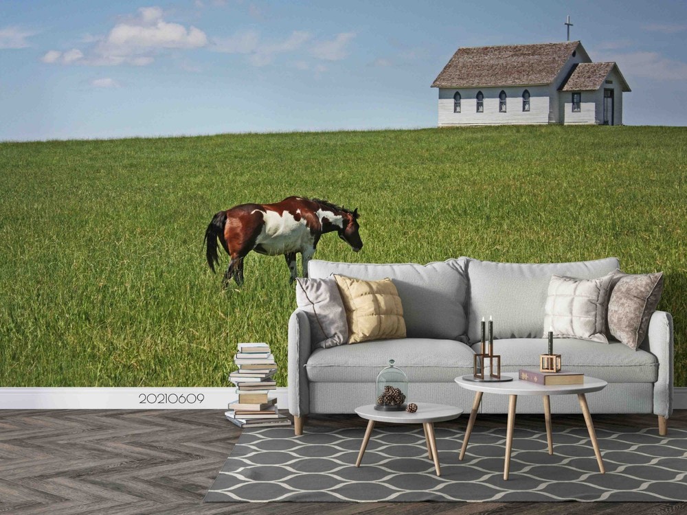 3D House Grassland Horse Landscape Wall Murals Wallpaper Murals Wall Sticker