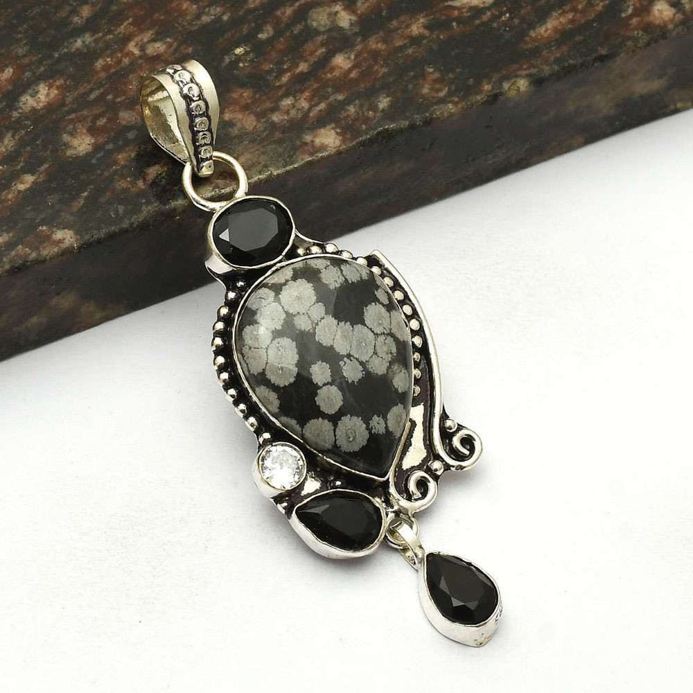 Snowflake Obsidian Black Onyx Ethnic Pendant Jewelry 3 Inches AP-79985