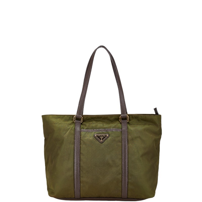 RARE PRADA Triangle Logo Tote Shoulder Bag Khaki Green Brown Nylon Leather