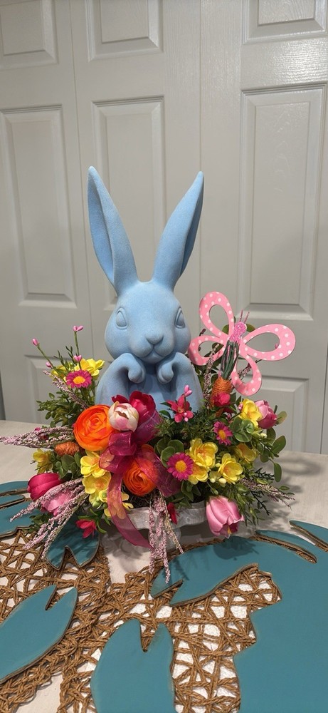 Blue Velvet Bunny Rabbit Spring Easter Wood Base Centerpiece Spring Decor