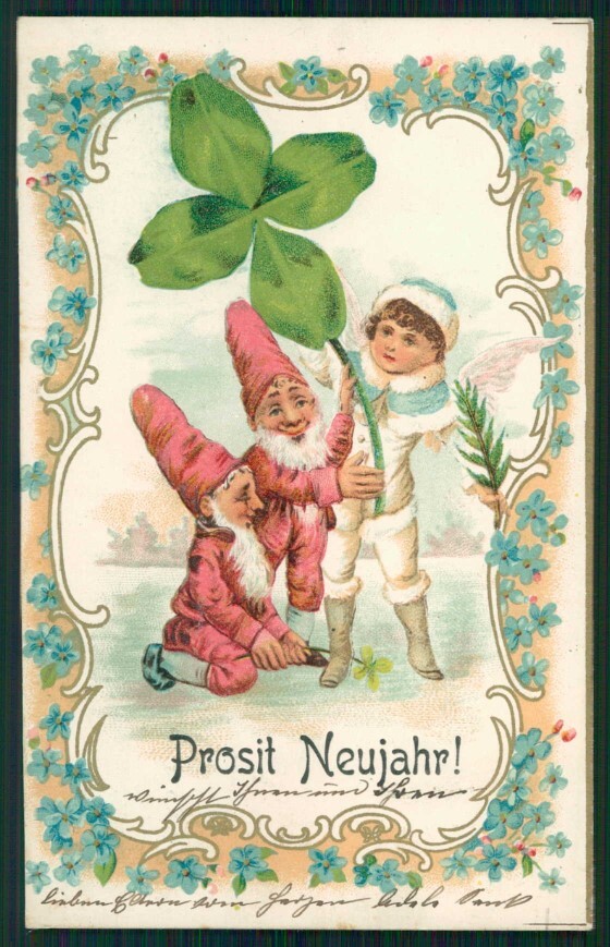 Gnomo Gnome Zwerge Dwarf Happy New Year Four Leaf Clover postcard TC5031