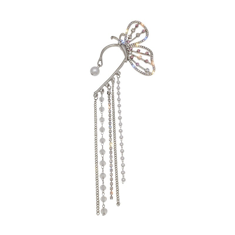 Exquisite Elegant Butterfly Tassel Pearl Ear Hook Left Earrings with Pearl Accents