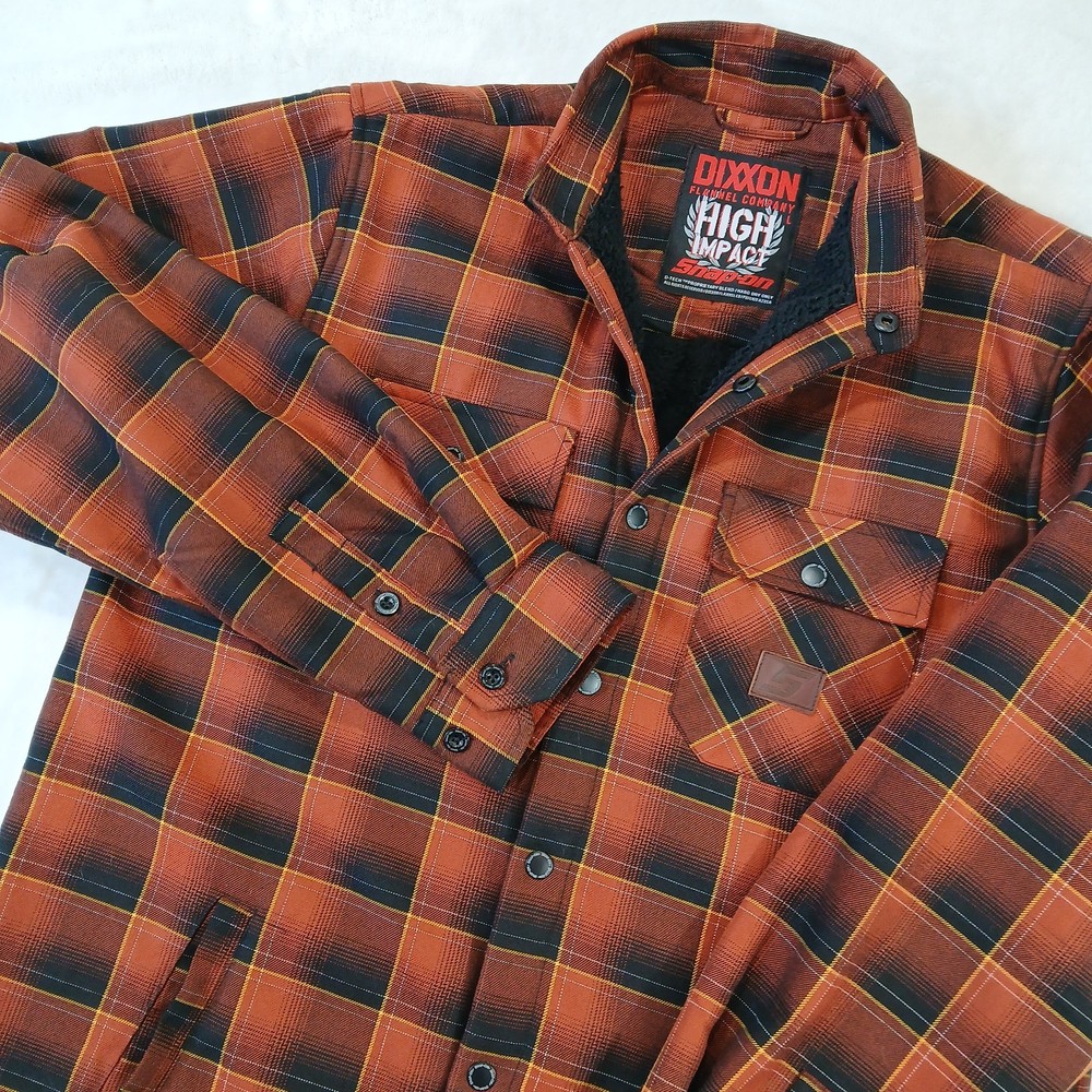 DIXXON Snap On High Impact Flannel Sherpa Lined Jacket Large Orange Black Plaid