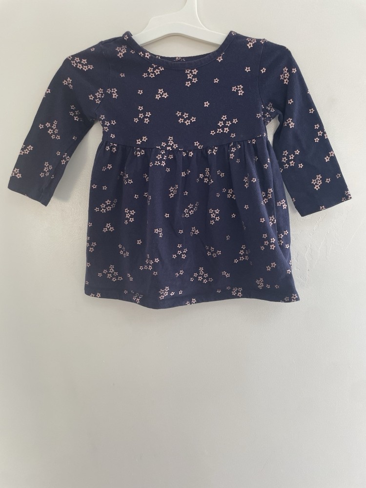 Old Navy Baby Girls Shiny Stars Cotton Fit & Flare Long Sleeve Dress Navy 12-18M