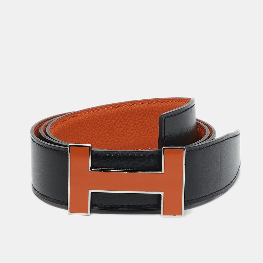 Hermes Reversible Belt Noir Orange Togo Leather 80cm
