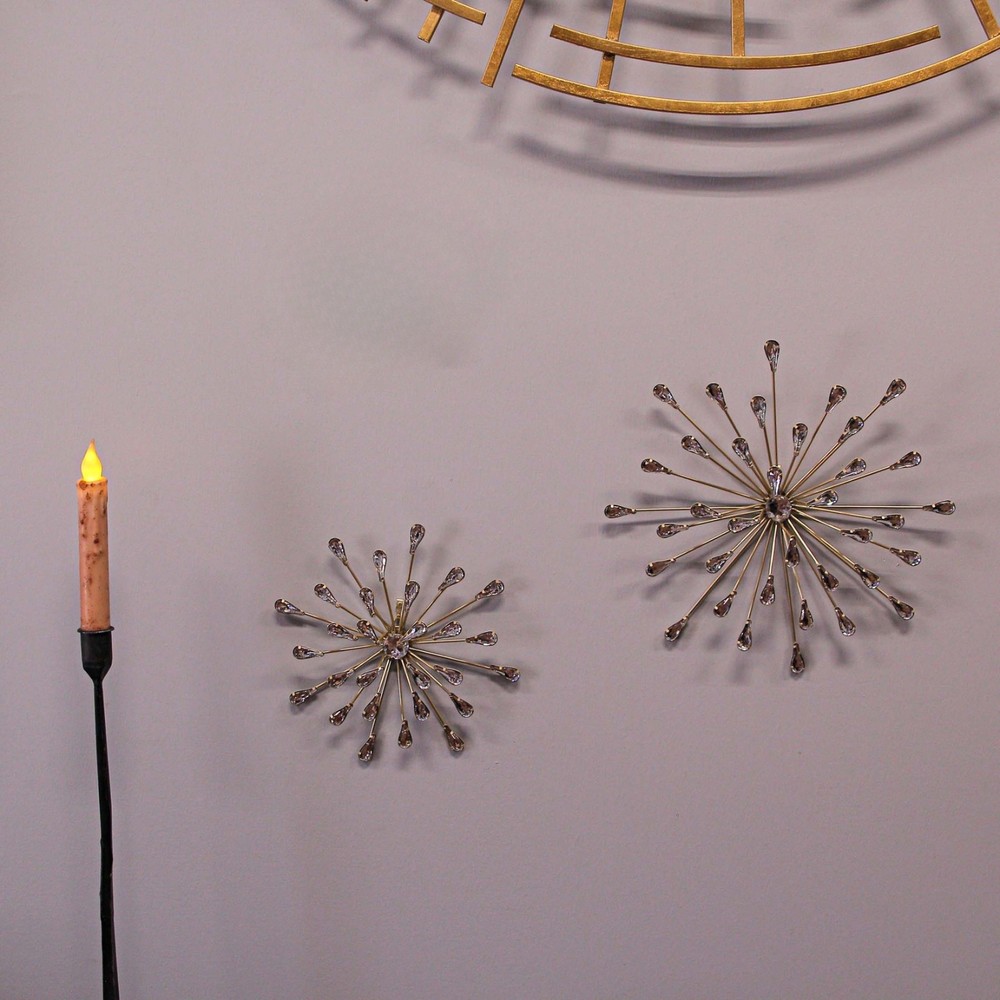 Set of 2 Gold Finish Teardrop Crystal Jeweled Starburst Metal Wall Hangings