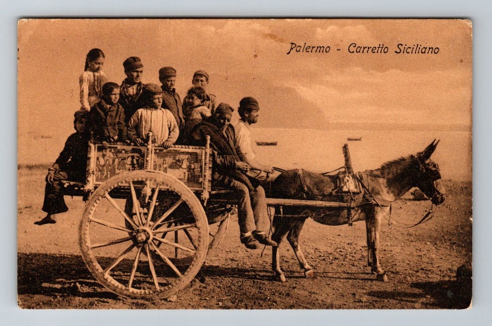 Italy- Palermo Sicilian Cart With Children Postal Old Card View Vintage Postcard