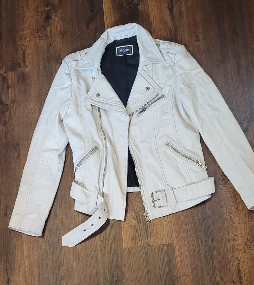 Tigha white leather motorcycle jacket