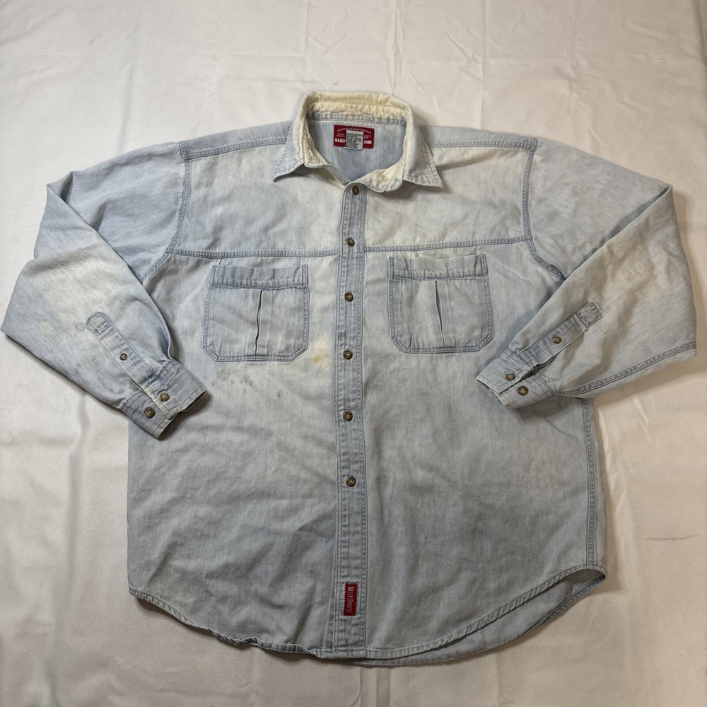 Vintage Marlboro Country Store Denim Shirt Mens M Blue Casual Jean Shirt Faded