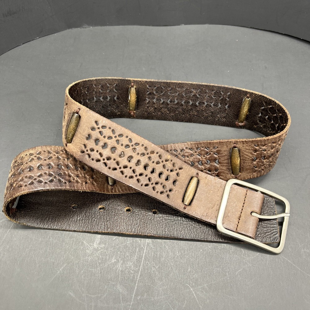 VTG BKE y2k Brown Leather Floral Wood Cut Out Boho Belt Large 40.5” Length Cute!